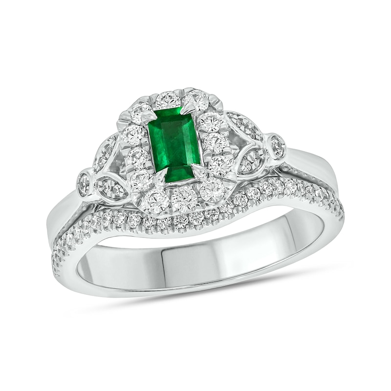 Main Image 1 of Emerald-Cut Lab-Created Emerald and 3/8 CT. T.W. Diamond Frame Floral Bridal Set in 10K White Gold