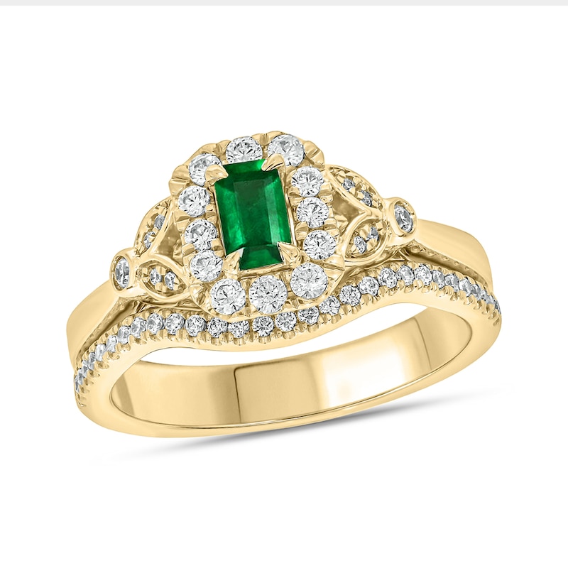 Main Image 1 of Emerald-Cut Lab-Created Emerald and 3/8 CT. T.W. Diamond Frame Floral Bridal Set in 10K Gold