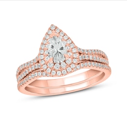 Pear-Shaped White Lab-Created Sapphire and 1/2 CT. T.W. Diamond Frame Split Shank Bridal Set in 10K Rose Gold