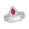 Thumbnail Image 1 of Pear-Shaped Lab-Created Ruby and 1/2 CT. T.W. Diamond Frame Split Shank Bridal Set in 10K White Gold