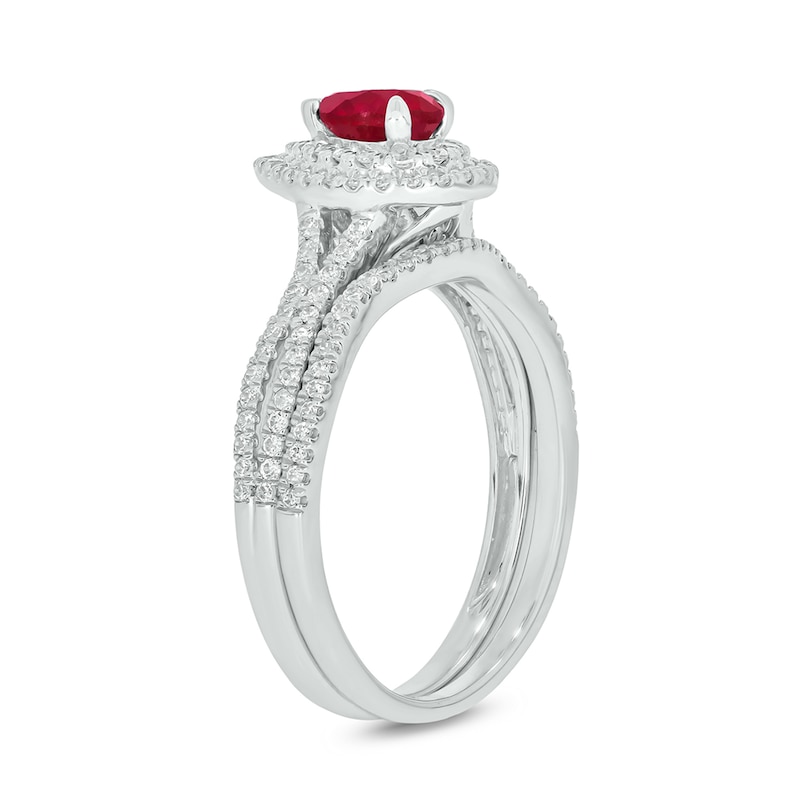 Main Image 2 of Pear-Shaped Lab-Created Ruby and 1/2 CT. T.W. Diamond Frame Split Shank Bridal Set in 10K White Gold