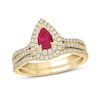 Thumbnail Image 1 of Pear-Shaped Lab-Created Ruby and 1/2 CT. T.W. Diamond Frame Split Shank Bridal Set in 10K Gold