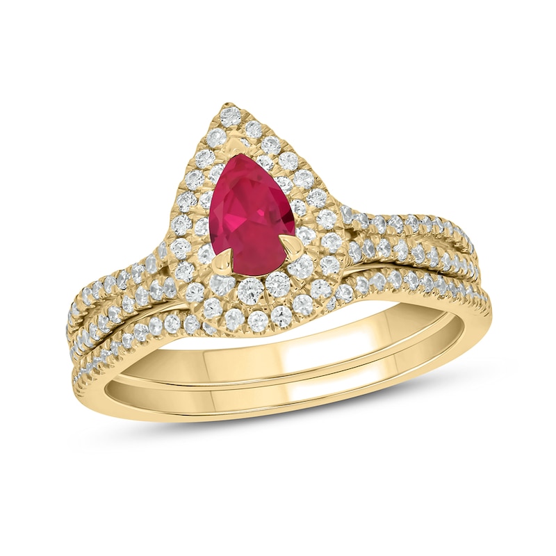 Main Image 1 of Pear-Shaped Lab-Created Ruby and 1/2 CT. T.W. Diamond Frame Split Shank Bridal Set in 10K Gold