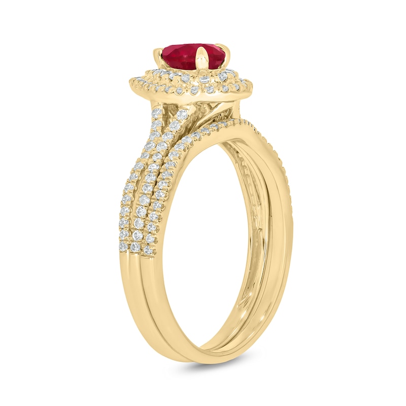 Main Image 2 of Pear-Shaped Lab-Created Ruby and 1/2 CT. T.W. Diamond Frame Split Shank Bridal Set in 10K Gold