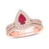 Thumbnail Image 1 of Pear-Shaped Lab-Created Ruby and 1/2 CT. T.W. Diamond Frame Split Shank Bridal Set in 10K Rose Gold