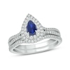 Thumbnail Image 1 of Pear-Shaped Blue Lab-Created Sapphire and 1/2 CT. T.W. Diamond Frame Split Shank Bridal Set in 10K White Gold