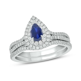 Pear-Shaped Blue Lab-Created Sapphire and 1/2 CT. T.W. Diamond Frame Split Shank Bridal Set in 10K White Gold