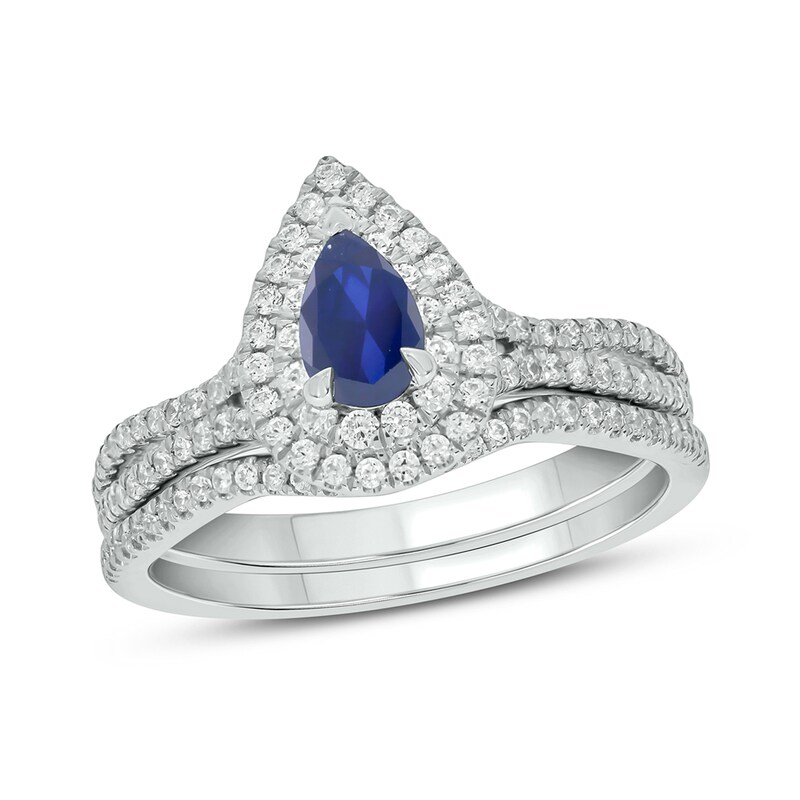 Main Image 1 of Pear-Shaped Blue Lab-Created Sapphire and 1/2 CT. T.W. Diamond Frame Split Shank Bridal Set in 10K White Gold