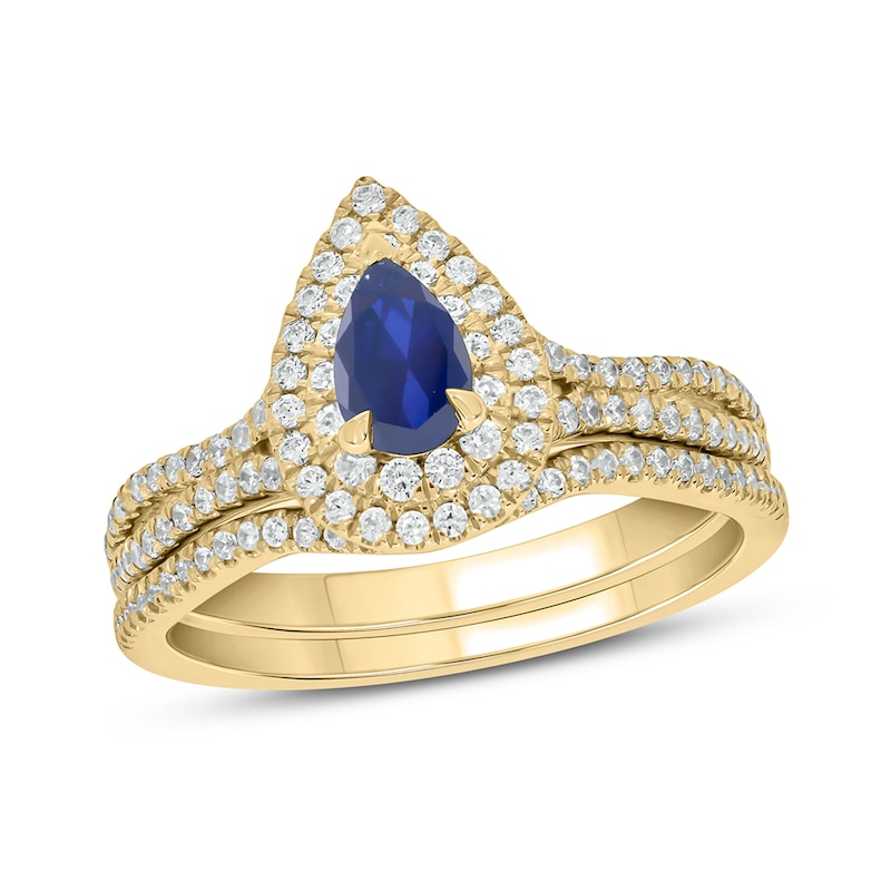 Main Image 1 of Pear-Shaped Blue Lab-Created Sapphire and 1/2 CT. T.W. Diamond Frame Split Shank Bridal Set in 10K Gold