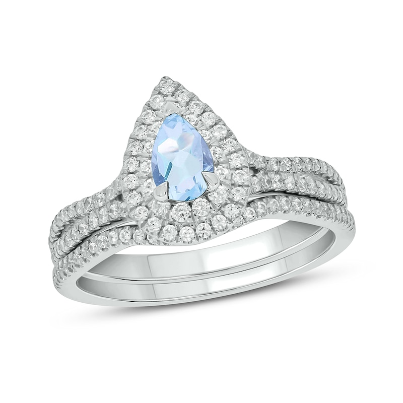 Main Image 1 of Pear-Shaped Aquamarine and 1/2 CT. T.W. Diamond Frame Split Shank Bridal Set in 10K White Gold