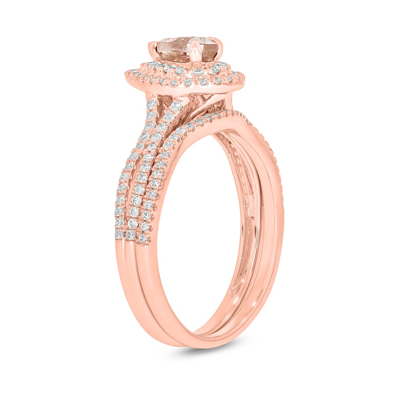 Main Image 2 of Pear-Shaped Morganite and 1/2 CT. T.W. Diamond Frame Split Shank Bridal Set in 10K Rose Gold