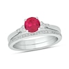 Thumbnail Image 1 of 6.0mm Lab-Created Ruby and 1/5 CT. T.W. Diamond Tri-Sides Bridal Set in 10K White Gold