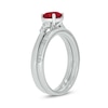 Thumbnail Image 2 of 6.0mm Lab-Created Ruby and 1/5 CT. T.W. Diamond Tri-Sides Bridal Set in 10K White Gold