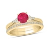 Thumbnail Image 1 of 6.0mm Lab-Created Ruby and 1/5 CT. T.W. Diamond Tri-Sides Bridal Set in 10K Gold