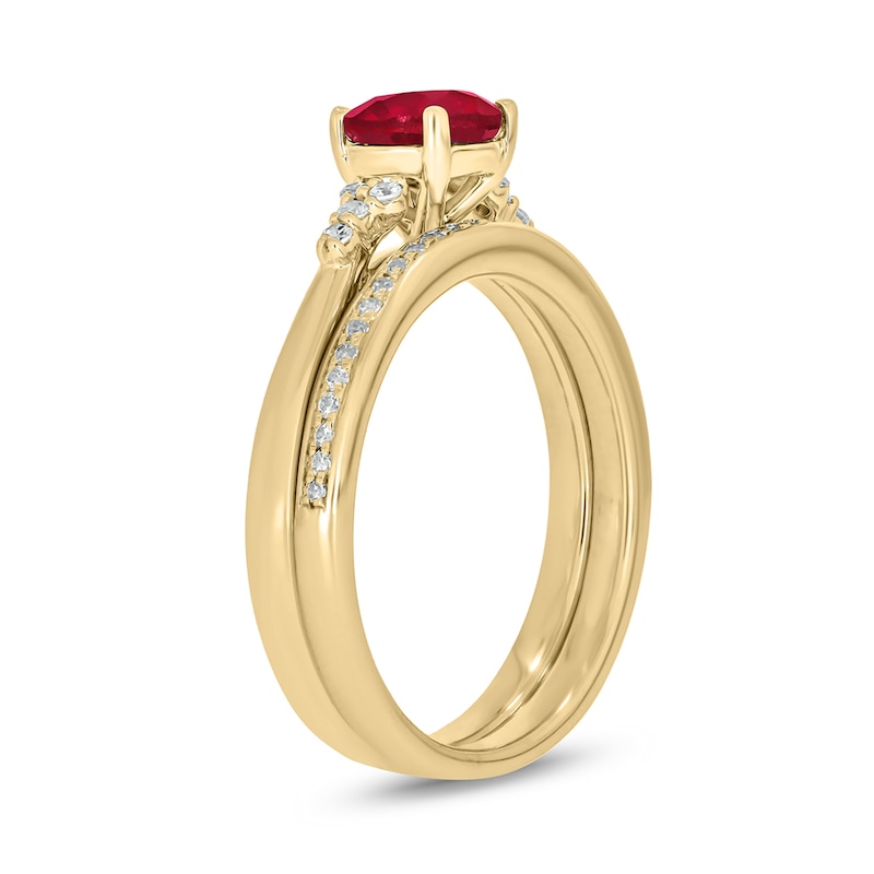 Main Image 2 of 6.0mm Lab-Created Ruby and 1/5 CT. T.W. Diamond Tri-Sides Bridal Set in 10K Gold