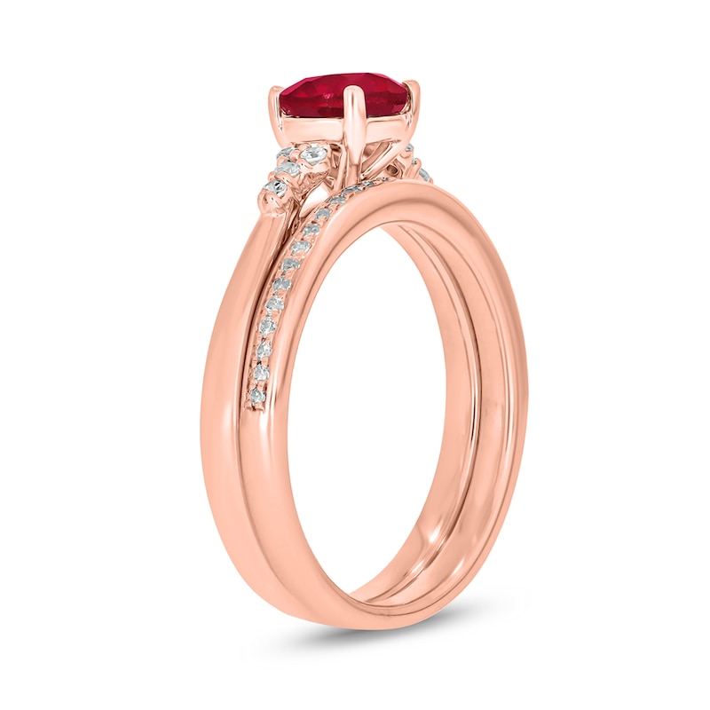 Main Image 2 of 6.0mm Lab-Created Ruby and 1/5 CT. T.W. Diamond Tri-Sides Bridal Set in 10K Rose Gold