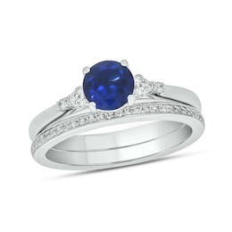 6.0mm Blue Lab-Created Sapphire and 1/5 CT. T.W. Diamond Tri-Sides Bridal Set in 10K White Gold