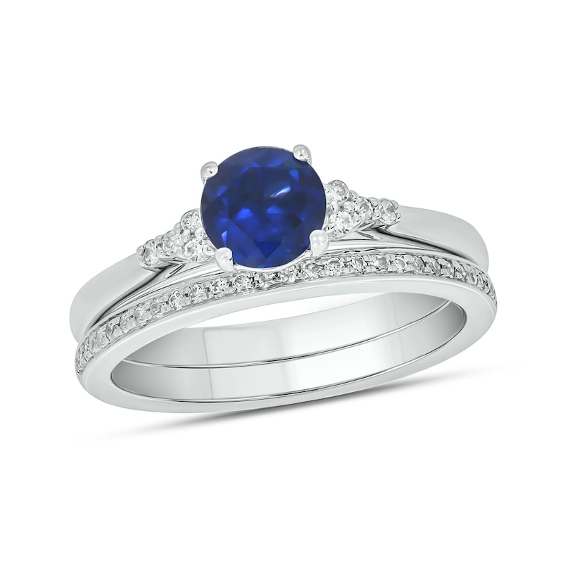 Main Image 1 of 6.0mm Blue Lab-Created Sapphire and 1/5 CT. T.W. Diamond Tri-Sides Bridal Set in 10K White Gold