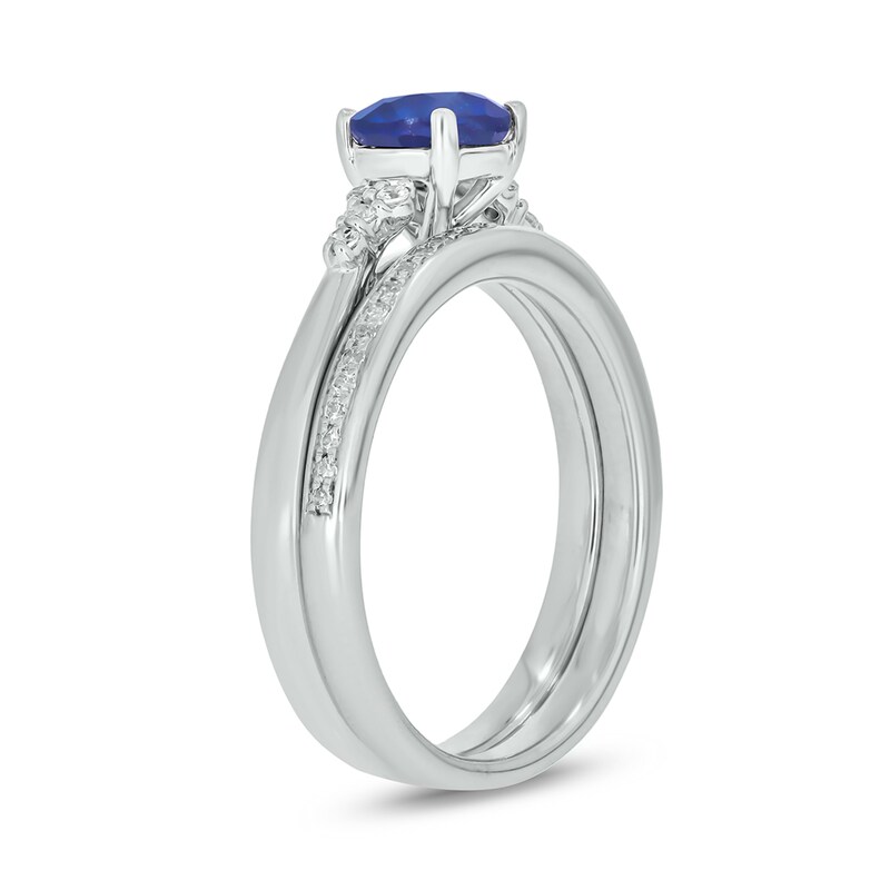 Main Image 2 of 6.0mm Blue Lab-Created Sapphire and 1/5 CT. T.W. Diamond Tri-Sides Bridal Set in 10K White Gold