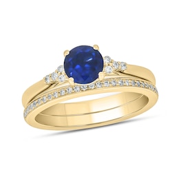 6.0mm Blue Lab-Created Sapphire and 1/5 CT. T.W. Diamond Tri-Sides Bridal Set in 10K Gold