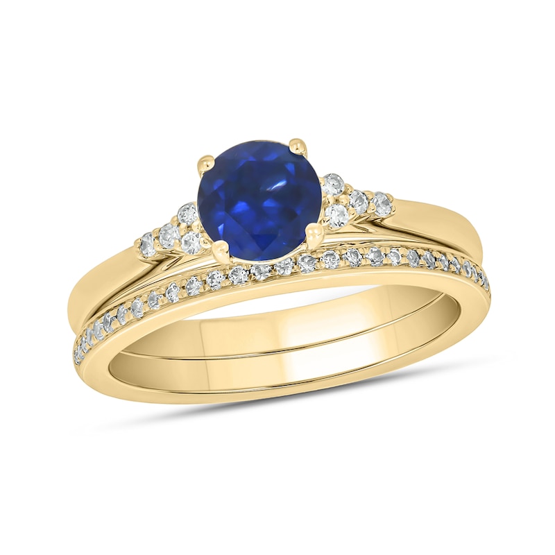 Main Image 1 of 6.0mm Blue Lab-Created Sapphire and 1/5 CT. T.W. Diamond Tri-Sides Bridal Set in 10K Gold