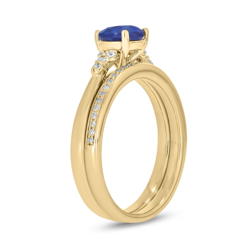 Main Image 2 of 6.0mm Blue Lab-Created Sapphire and 1/5 CT. T.W. Diamond Tri-Sides Bridal Set in 10K Gold