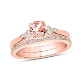 6.0mm Morganite and 1/5 CT. T.W. Diamond Tri-Sides Bridal Set in 10K Rose Gold