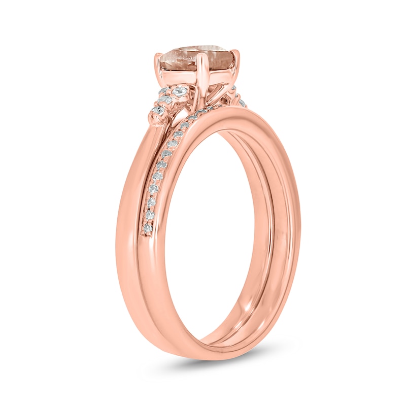 6.0mm Morganite and 1/5 CT. T.W. Diamond Tri-Sides Bridal Set in 10K Rose Gold