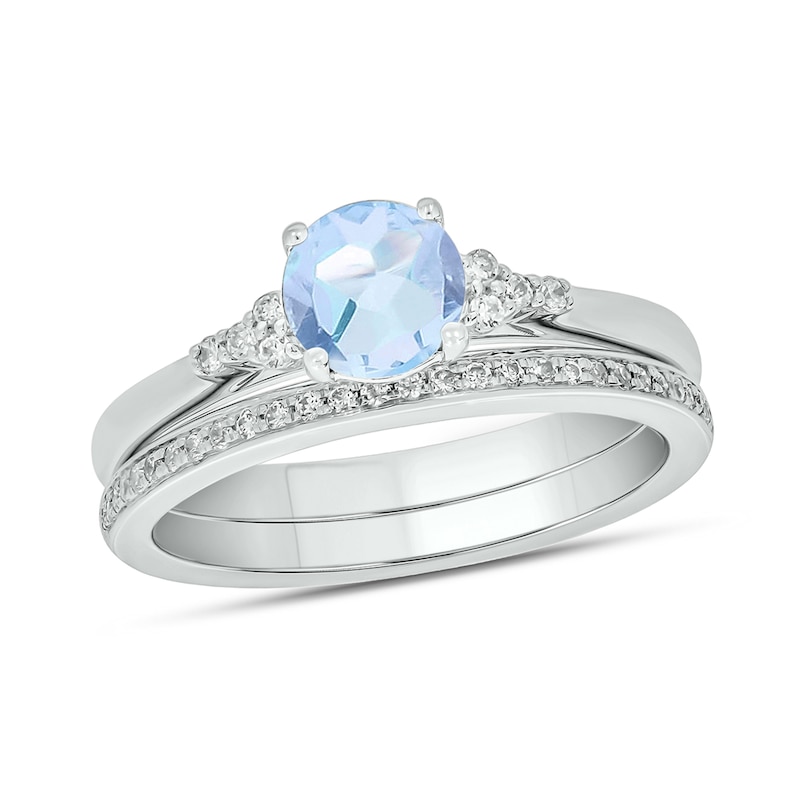 Main Image 1 of 6.0mm Aquamarine and 1/5 CT. T.W. Diamond Tri-Sides Bridal Set in 10K White Gold