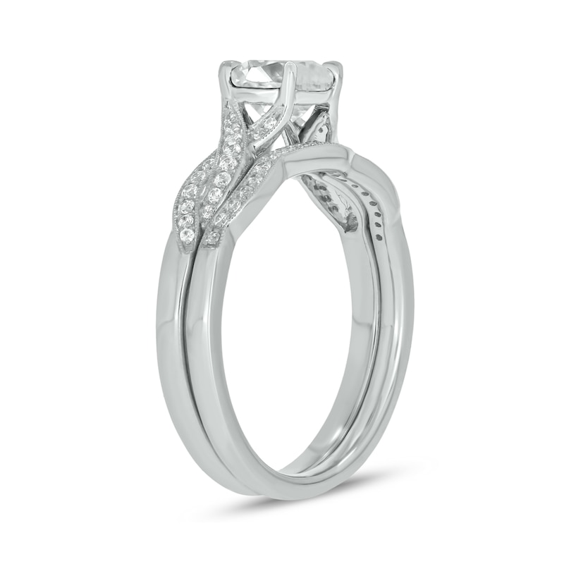 Main Image 2 of 6.0mm White Lab-Created Sapphire and 1/5 CT. T.W. Diamond Braid Vintage-Style Bridal Set in 10K White Gold