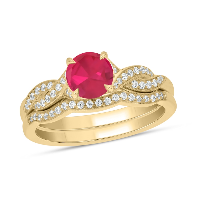 Main Image 1 of 6.0mm Lab-Created Ruby and 1/5 CT. T.W. Diamond Braid Vintage-Style Bridal Set in 10K Gold