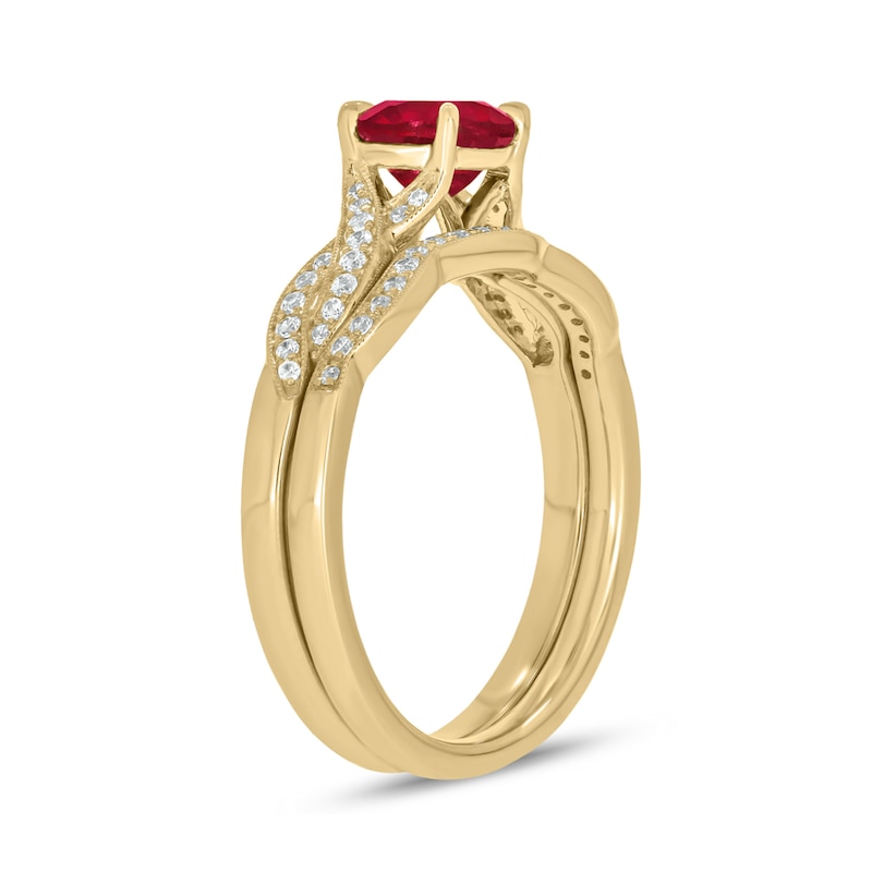 Main Image 2 of 6.0mm Lab-Created Ruby and 1/5 CT. T.W. Diamond Braid Vintage-Style Bridal Set in 10K Gold