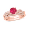 Thumbnail Image 0 of 6.0mm Lab-Created Ruby and 1/5 CT. T.W. Diamond Braid Vintage-Style Bridal Set in 10K Rose Gold