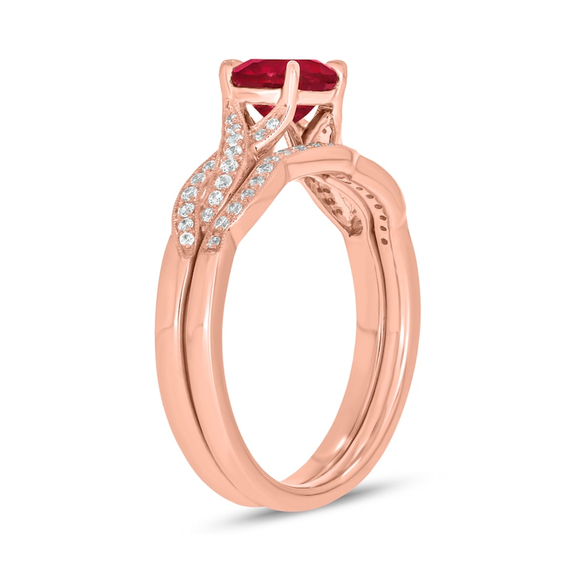 6.0mm Lab-Created Ruby and 1/5 CT. T.W. Diamond Braid Vintage-Style Bridal Set in 10K Rose Gold