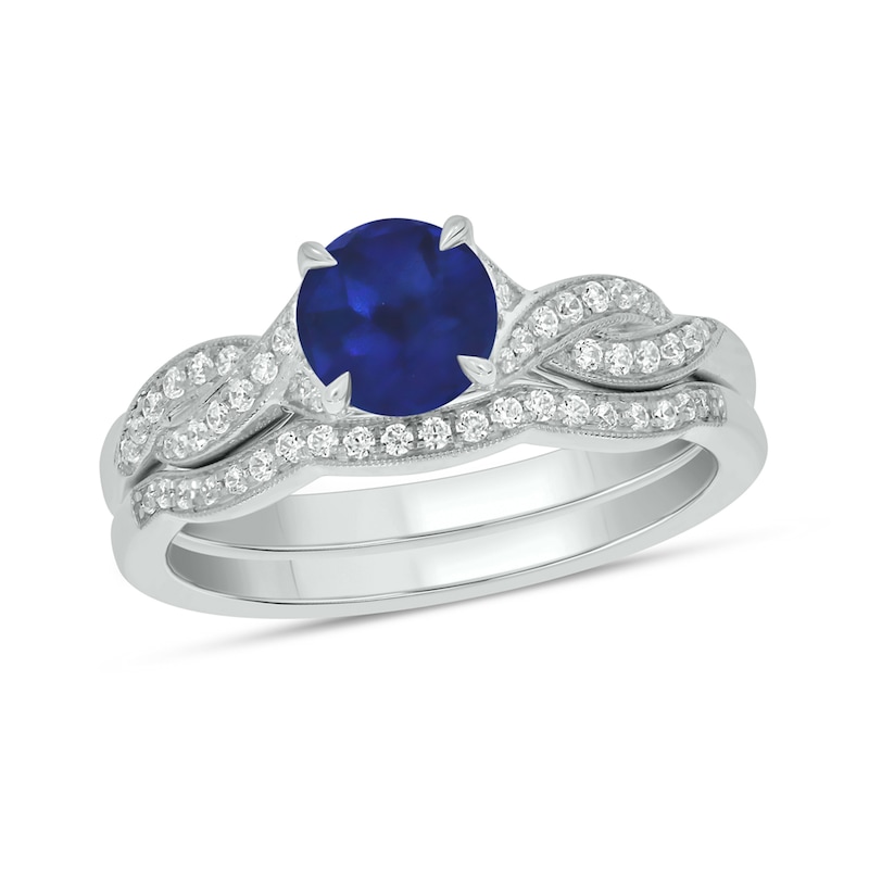 Main Image 1 of 6.0mm Blue Lab-Created Sapphire and 1/5 CT. T.W. Diamond Braid Vintage-Style Bridal Set in 10K White Gold