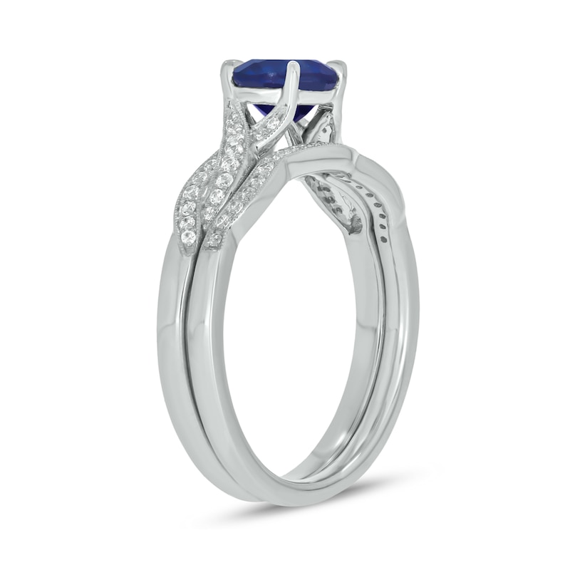 Main Image 2 of 6.0mm Blue Lab-Created Sapphire and 1/5 CT. T.W. Diamond Braid Vintage-Style Bridal Set in 10K White Gold