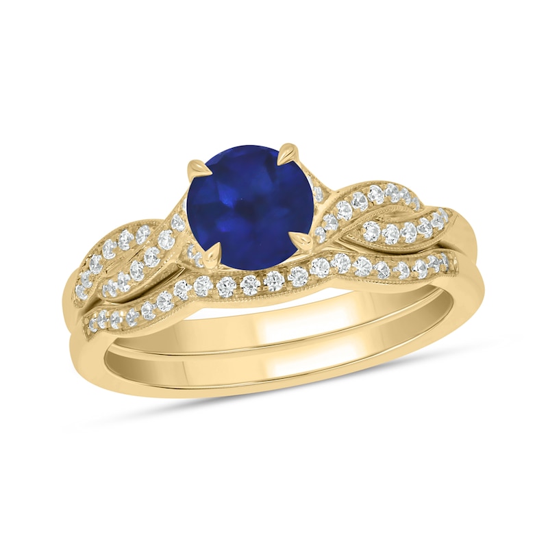 6.0mm Blue Lab-Created Sapphire and 1/5 CT. T.W. Diamond Braid Vintage-Style Bridal Set in 10K Gold