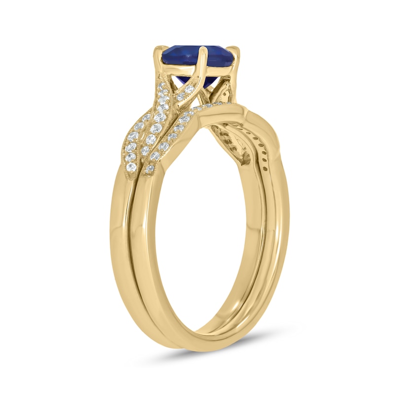 6.0mm Blue Lab-Created Sapphire and 1/5 CT. T.W. Diamond Braid Vintage-Style Bridal Set in 10K Gold