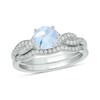 Thumbnail Image 1 of 6.0mm Aquamarine and 1/5 CT. T.W. Diamond Braid Vintage-Style Bridal Set in 10K White Gold