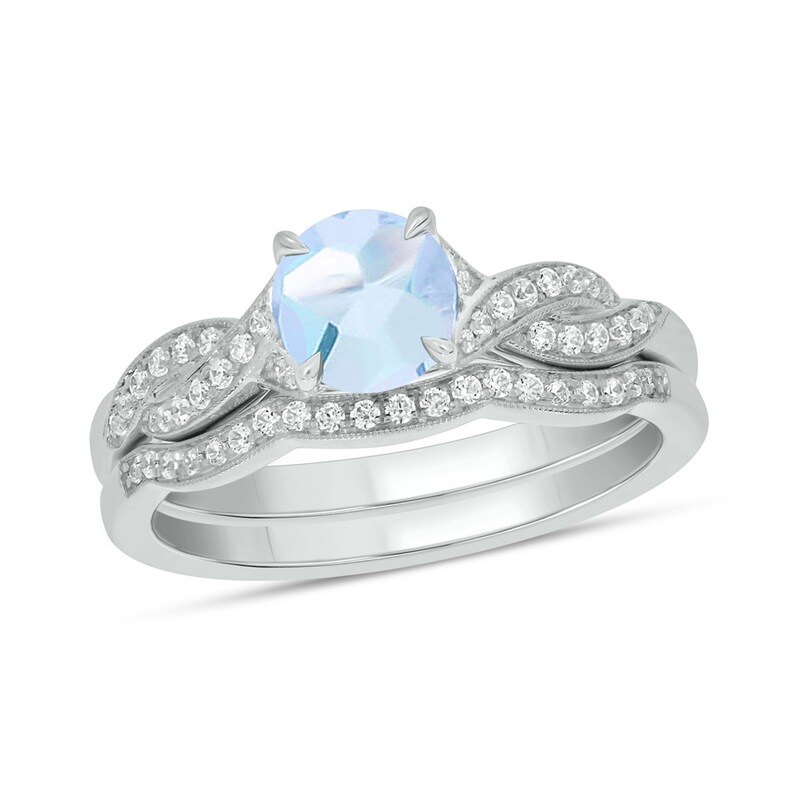 Main Image 1 of 6.0mm Aquamarine and 1/5 CT. T.W. Diamond Braid Vintage-Style Bridal Set in 10K White Gold