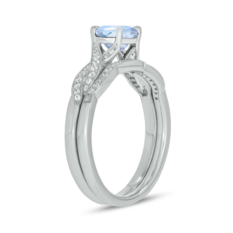 Main Image 2 of 6.0mm Aquamarine and 1/5 CT. T.W. Diamond Braid Vintage-Style Bridal Set in 10K White Gold