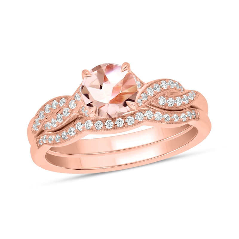 6.0mm Morganite and 1/5 CT. T.W. Diamond Braid Vintage-Style Bridal Set in 10K Rose Gold