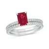 Thumbnail Image 0 of Emerald-Cut Lab-Created Ruby and 1/3 CT. T.W. Diamond Bridal Set in 10K White Gold