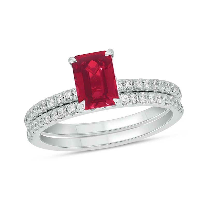 Emerald-Cut Lab-Created Ruby and 1/3 CT. T.W. Diamond Bridal Set in 10K White Gold