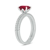 Thumbnail Image 1 of Emerald-Cut Lab-Created Ruby and 1/3 CT. T.W. Diamond Bridal Set in 10K White Gold