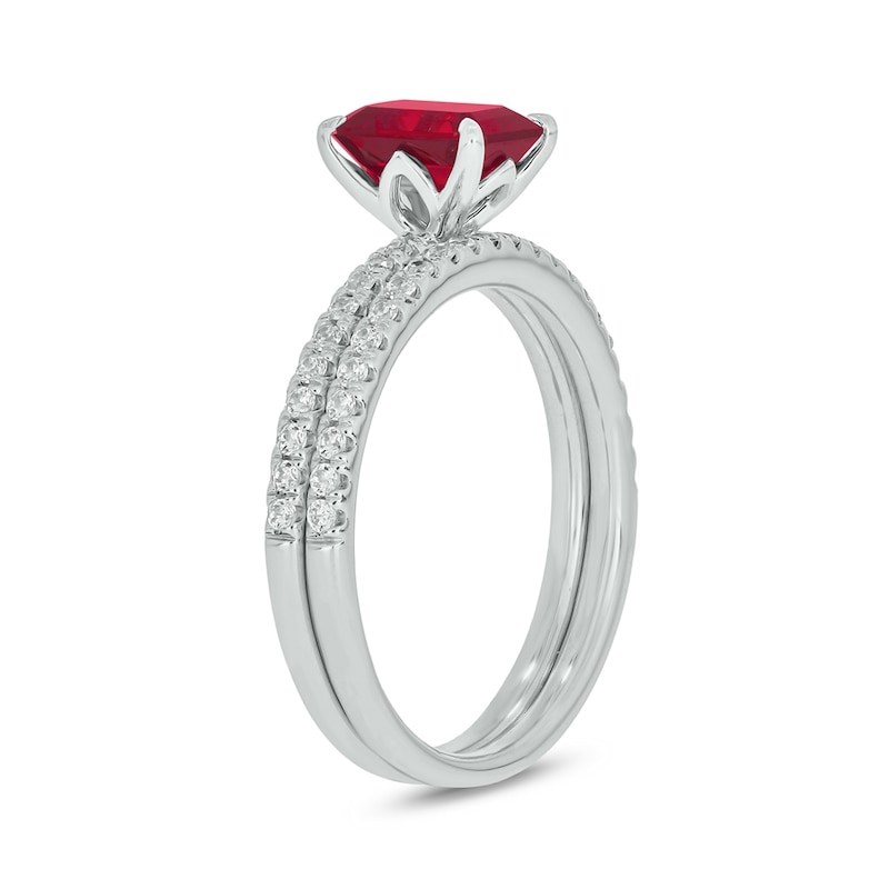 Emerald-Cut Lab-Created Ruby and 1/3 CT. T.W. Diamond Bridal Set in 10K White Gold