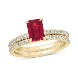 Emerald-Cut Lab-Created Ruby and 1/3 CT. T.W. Diamond Bridal Set in 10K Gold