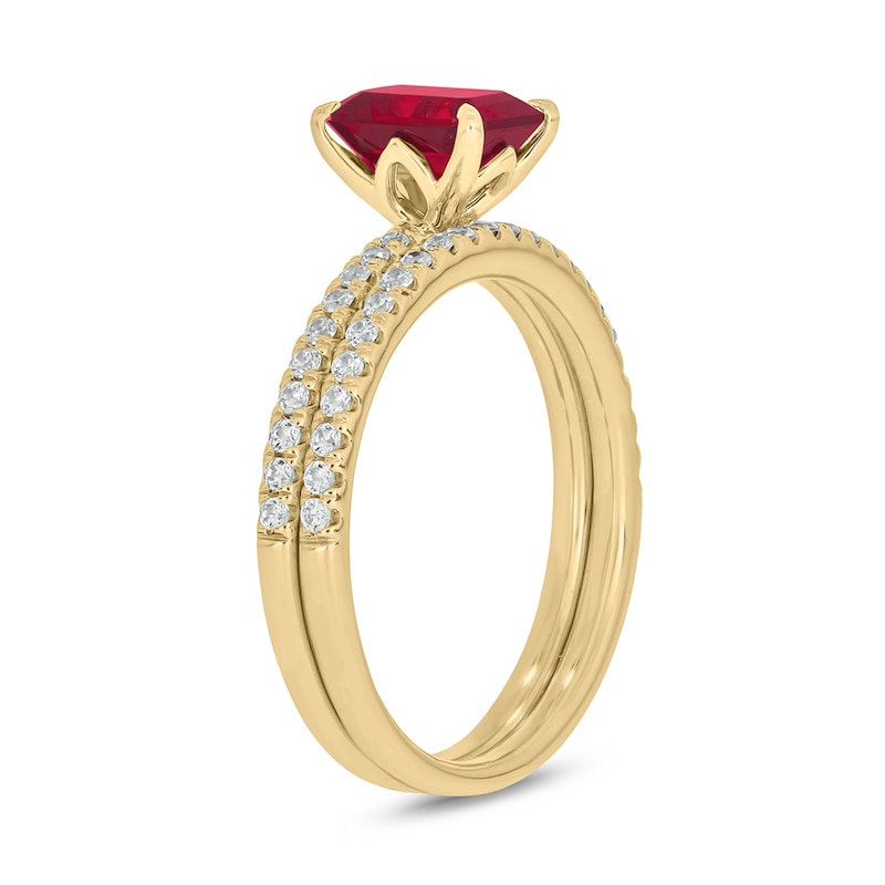 Emerald-Cut Lab-Created Ruby and 1/3 CT. T.W. Diamond Bridal Set in 10K Gold