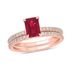 Thumbnail Image 0 of Emerald-Cut Lab-Created Ruby and 1/3 CT. T.W. Diamond Bridal Set in 10K Rose Gold