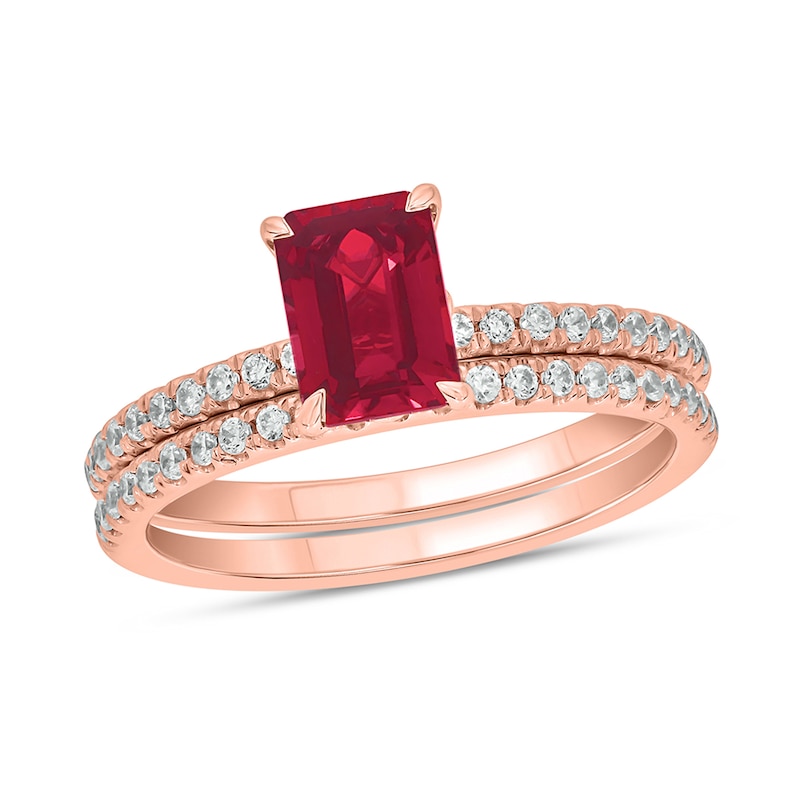 Emerald-Cut Lab-Created Ruby and 1/3 CT. T.W. Diamond Bridal Set in 10K Rose Gold